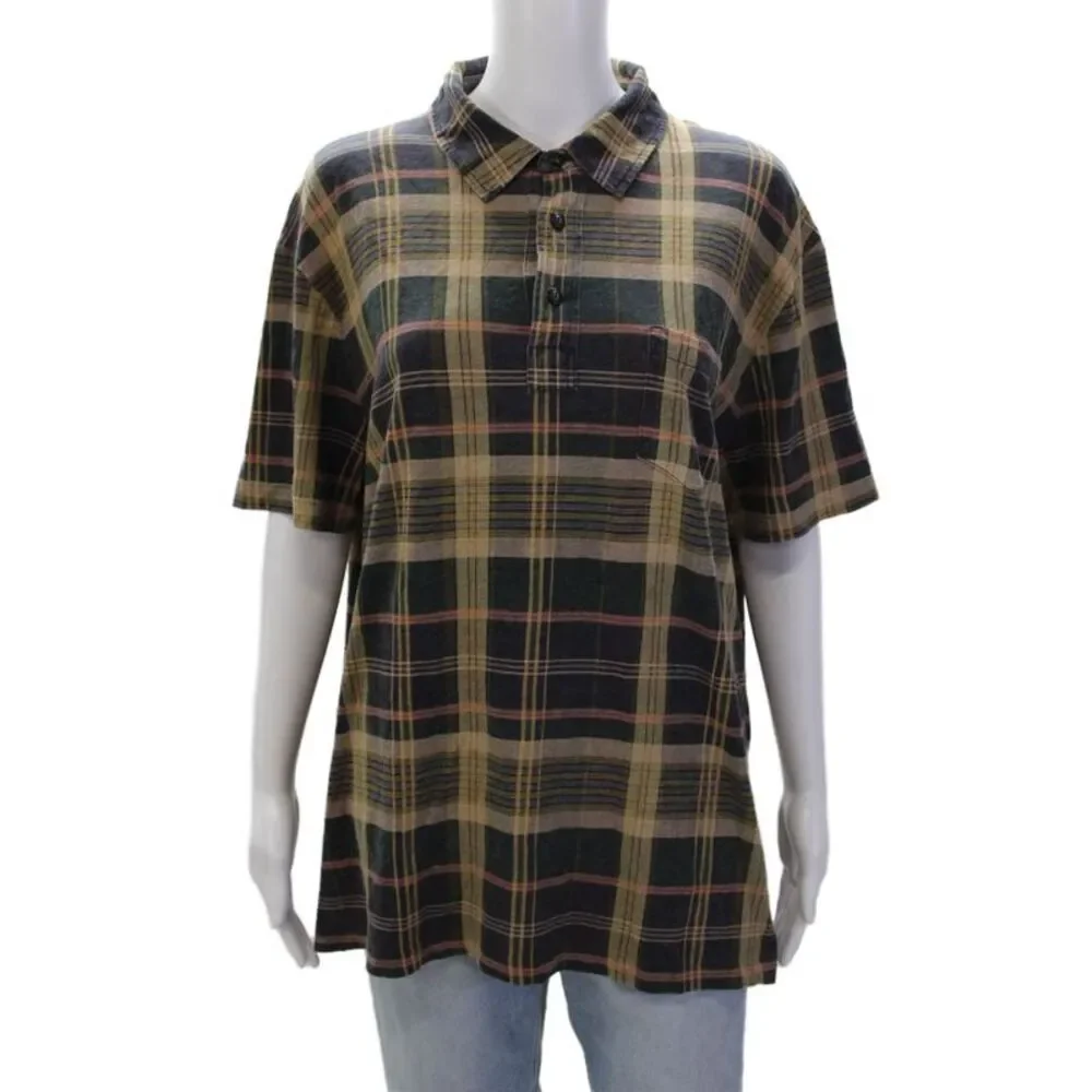 Polo Ralph Lauren Mens Short Sleeve Collared Plaid Shirt Brown Blue Cotton XL